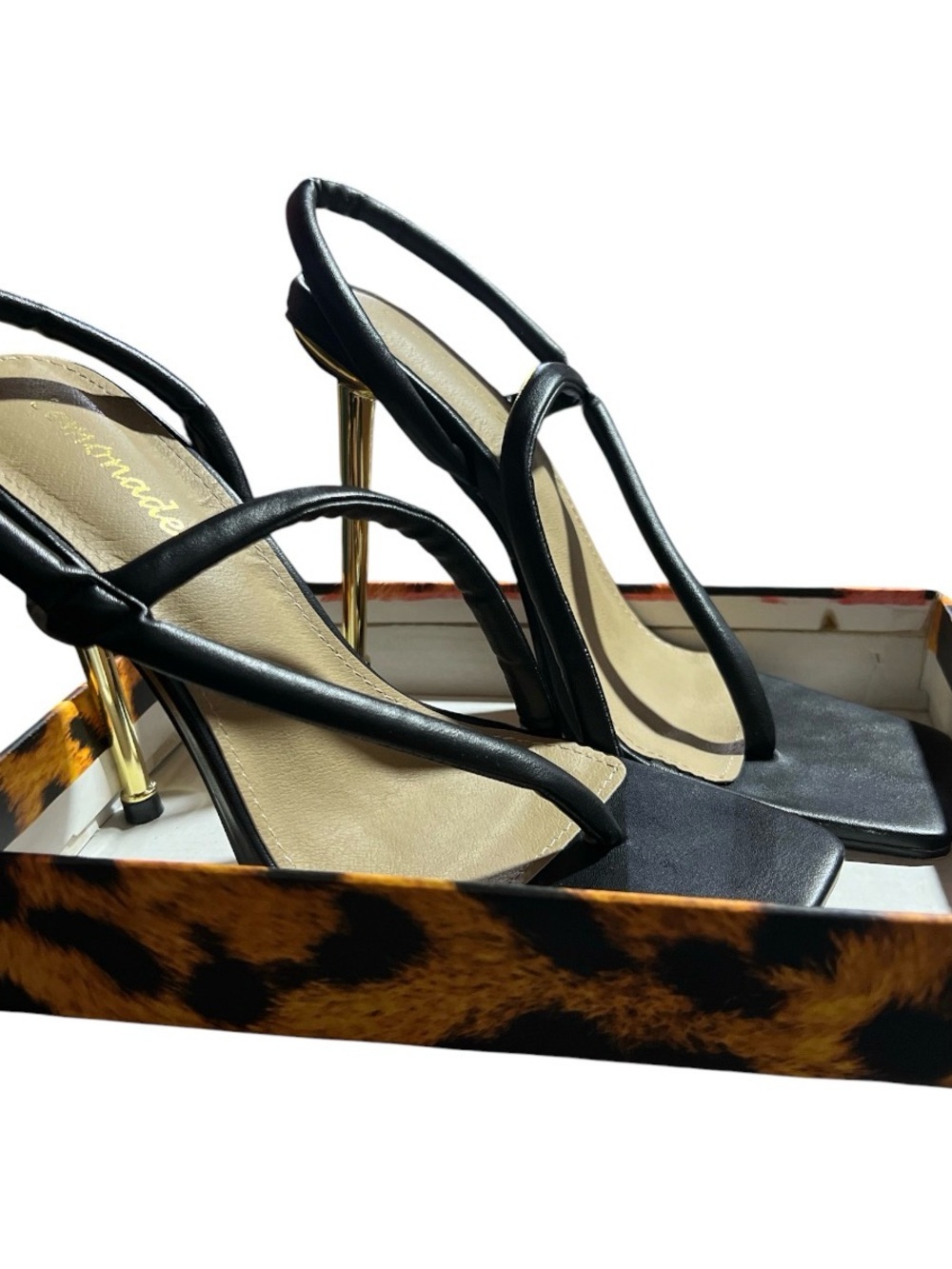 Black Slingback Heeled Sandals with Gold Stiletto Heel - Women